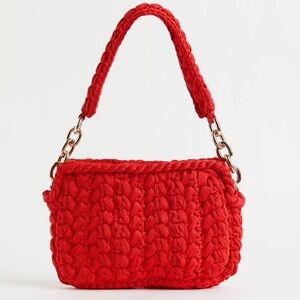 H&M Red Crochet Jersey Shoulder Bag Woven Gold Chain Strap